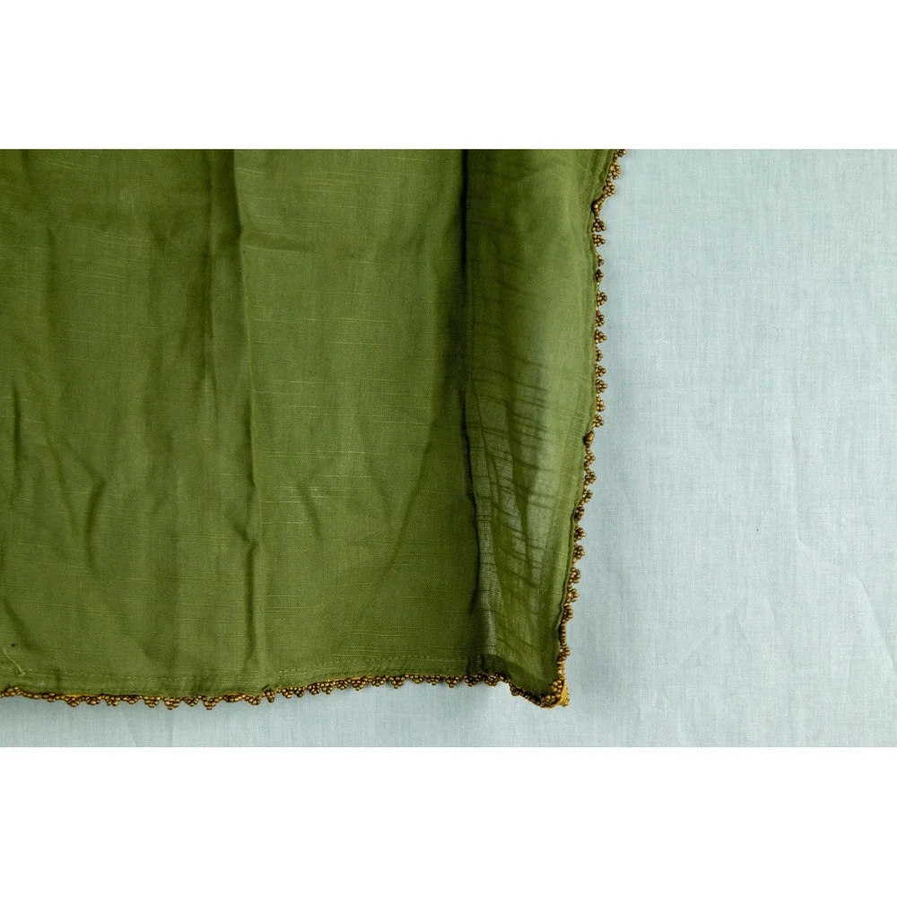 Vintage Green Square Scarf Gold Beaded Scalloped Trim Sheer Olive Boho Wrap